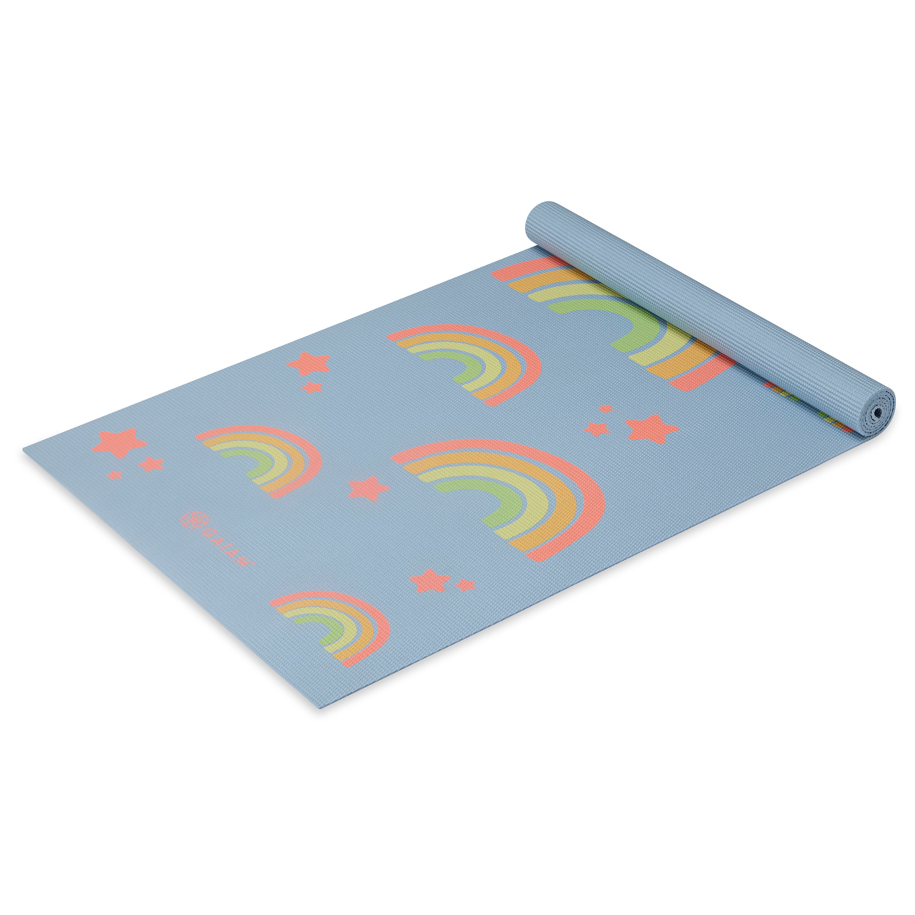 Gaiam Kids Rainbow Stars Yoga Mat top rolled angle